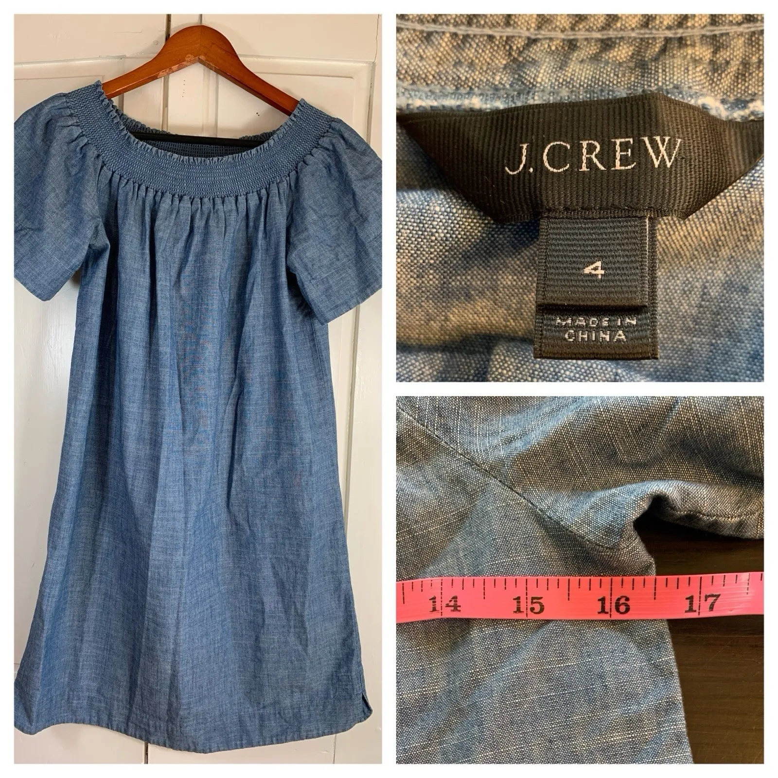 J Crew Dress‎ Size 4 Blue Chambray Off Shoulder Short Sleeve 100% Cotton Preppy - Image 2
