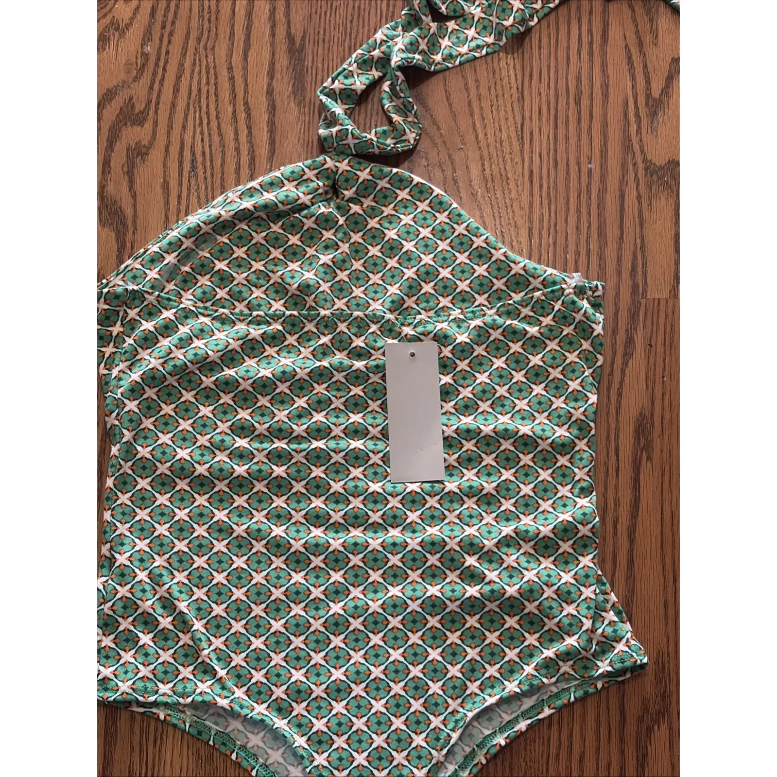 Vintage 90s Y2K Green Orange Geometric  Halter Top Tie Back Body Suit‎  NWT - Image 7