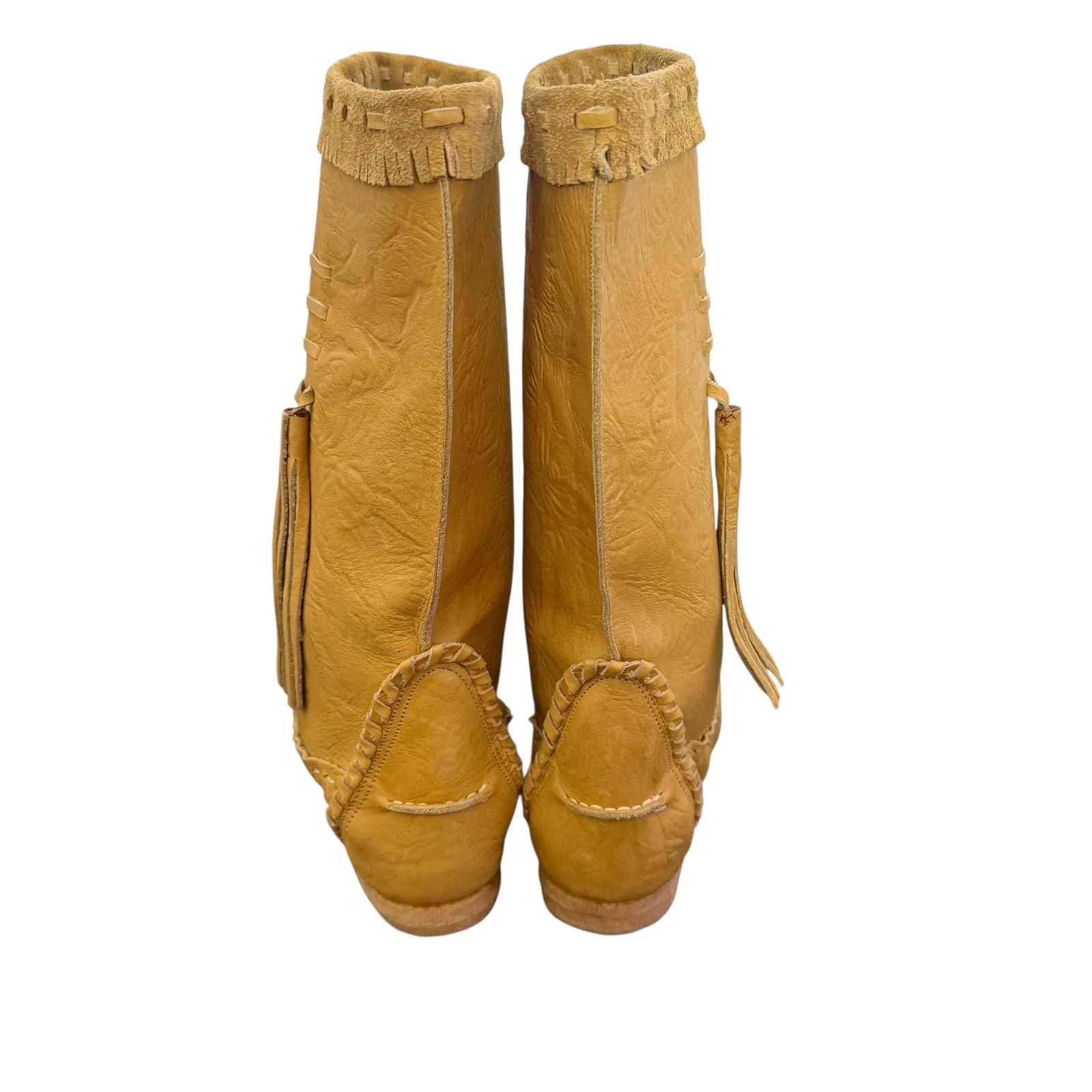 Vintage 70s Prima Moccasin Leather Boots Womens Size 5 Fringe‎ Tassels Stitching - Image 4