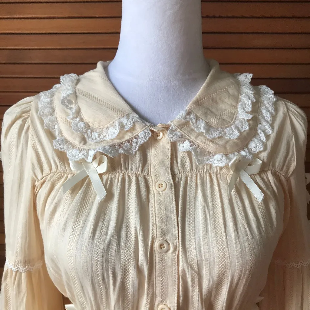 Victorian Gothic Lolita Tea Stain Balloon Sleeve Round Collar Shirt Top M Tan Size M - Image 2
