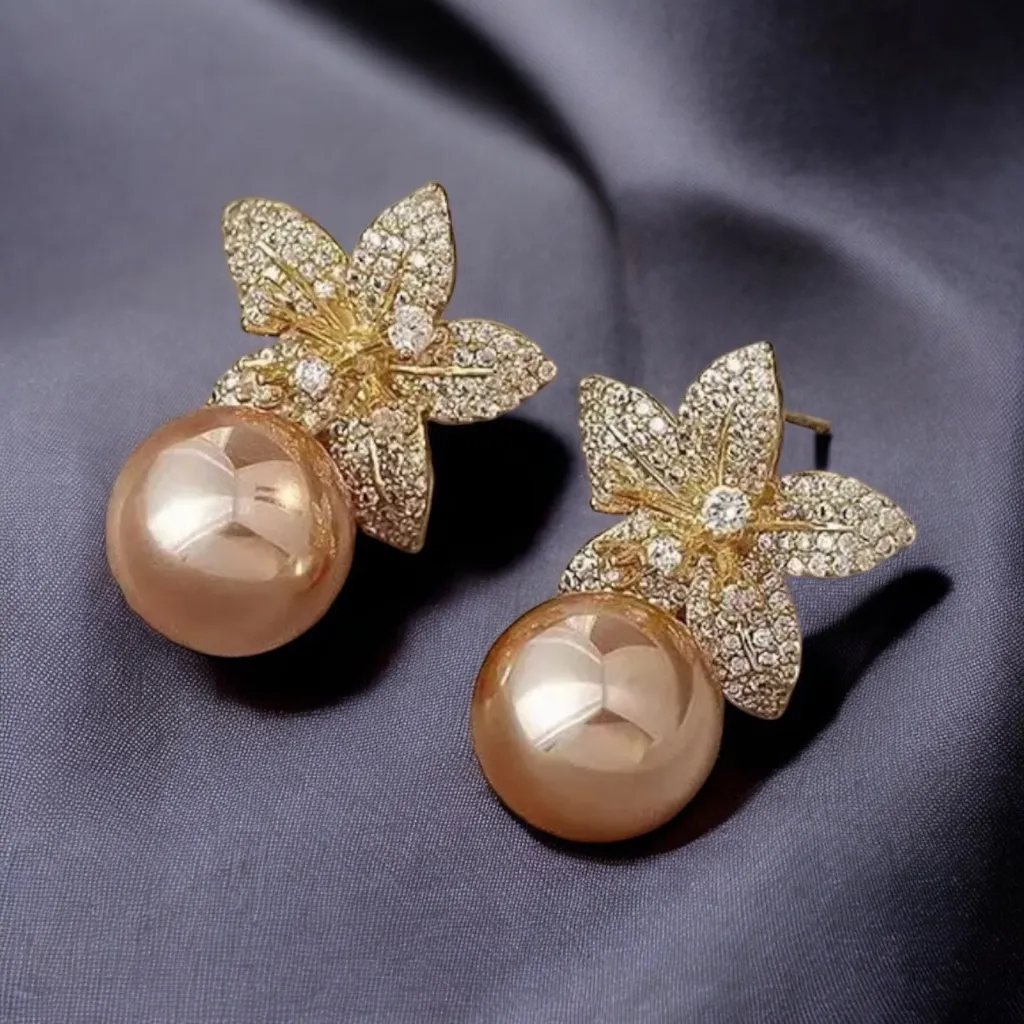 Beautiful Chic Elegant Cubic Flower‎ with Imitation Pearls, Dazzling Earrings Gold - Image 6