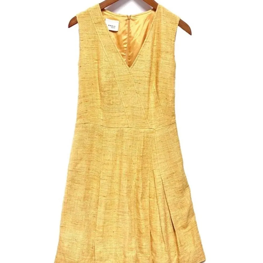 Akris Punto Silk Tweed A-Line Mustard VNeck Dress Size 6 Pleated Skirt - Image 3