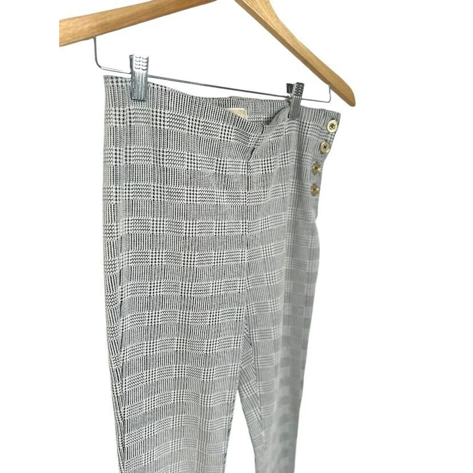 Michael Kors Plaid Skinny Pants Black White Gold Button Pull On Academia Size S - Image 2