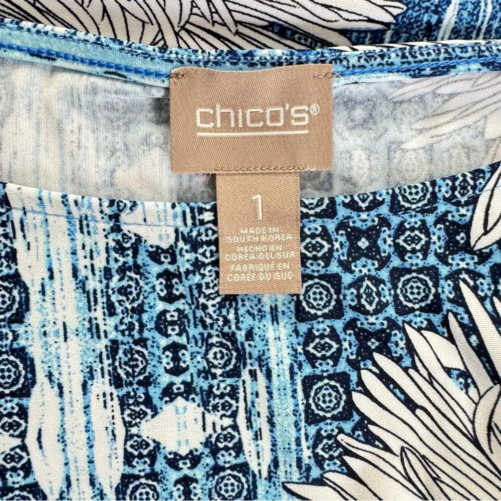 Chico’s Blue Mixed Print with Coral & White Floral Print Sleeveless Dress Sz 1/M - Image 8