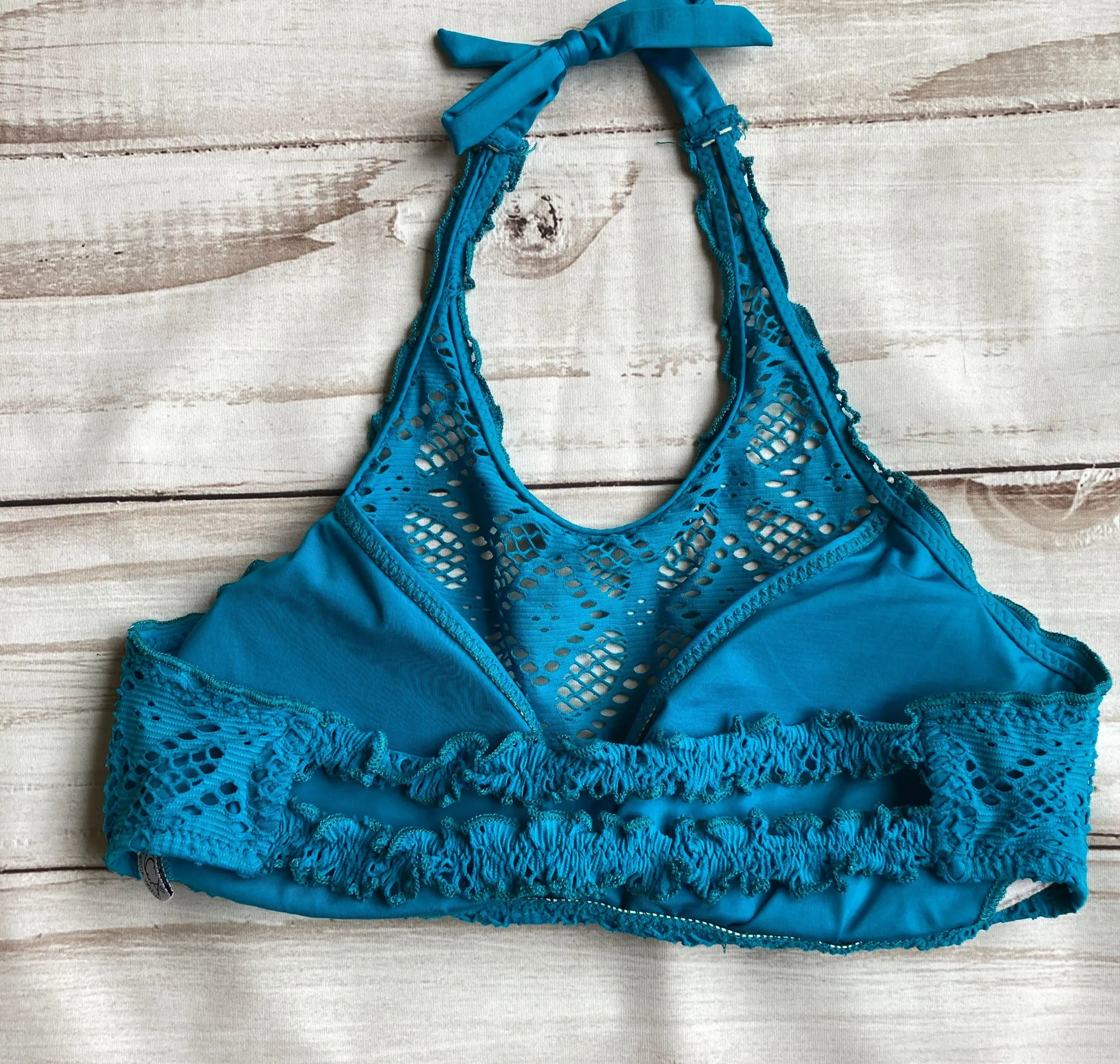Becca Teal Crochet Halter Bikini Top Sz L - Image 2