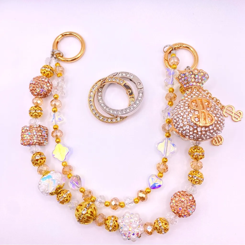 💛 Luxury Bag/Phone Chain Charm/Keychain Bling Fortune Bag Brooch & Crystal Beads - Image 7