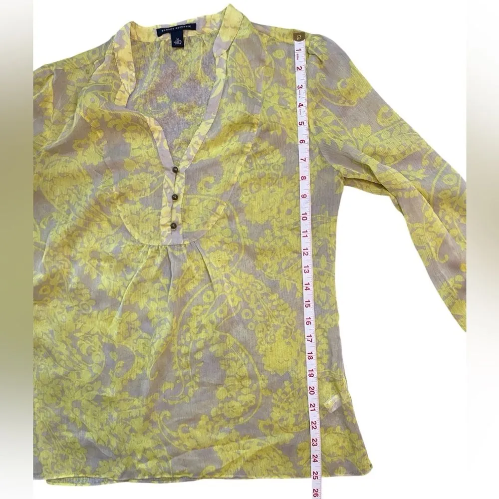 Banana Republic Tan and Yellow Floral Paisley Sheer V-Neck Blouse - Image 4
