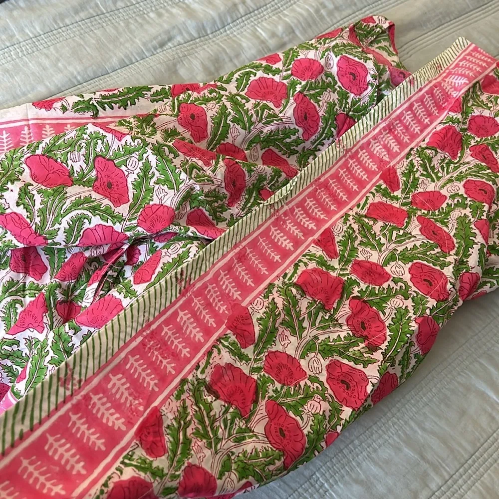 Floral hand Block Printed short Kaftan Dress Printed bohemian pink green Size undefined - Image 6