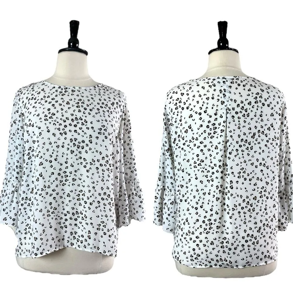 Elle Blouse Top Ruffle Bell Sleeve Pullover White Black Leopard Women’s Size XL - Image 12