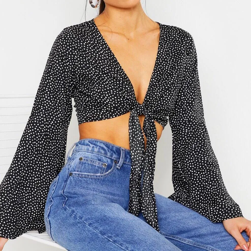 Polka Dot Self Tie Wrap Bell Wide Sleeve Crop Top Black - Image 2