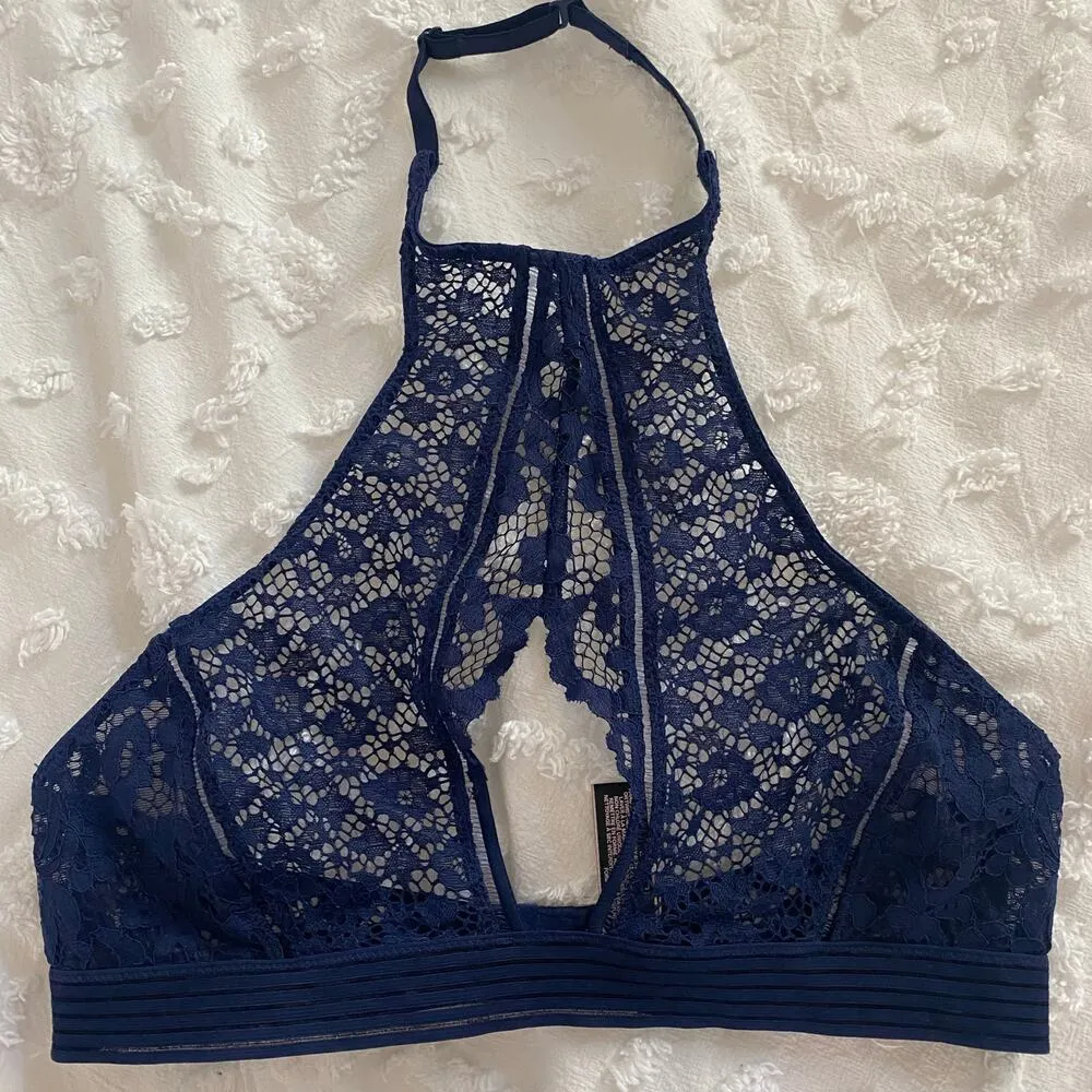 Victoria's Secret Keyhole Bralette Lace High Neck Size Medium Wireless Sexy Blue - Image 3