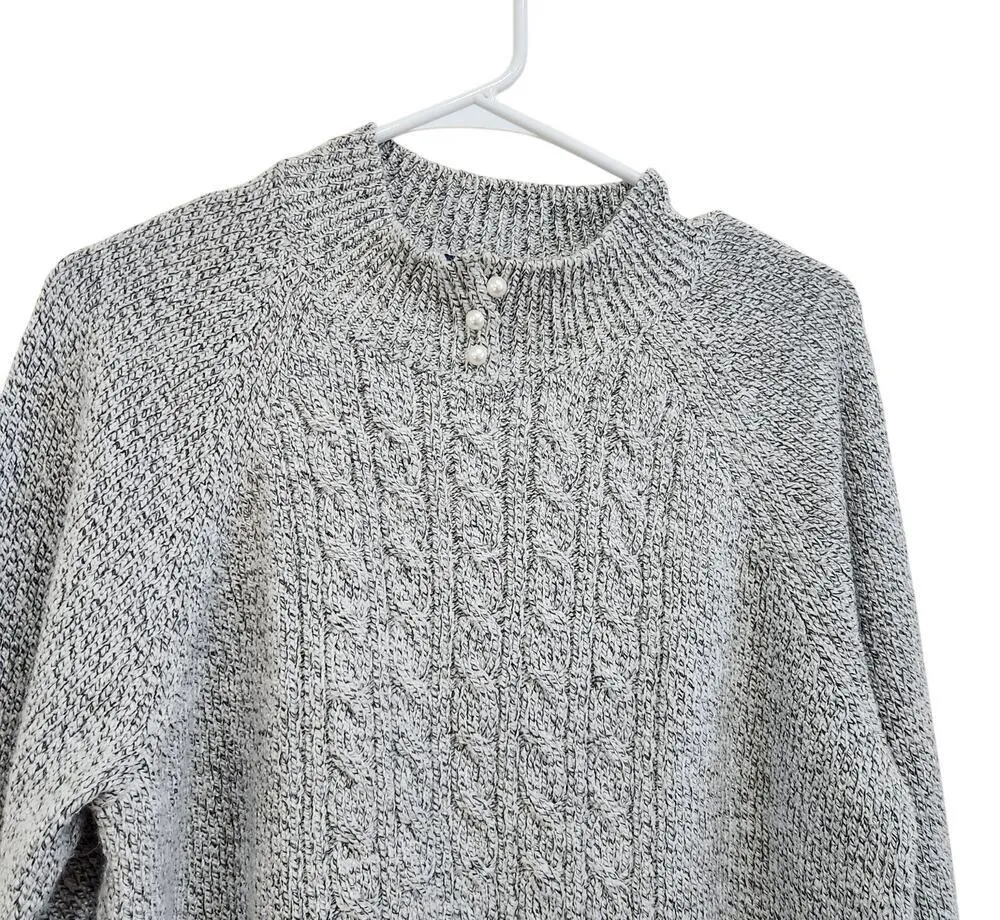 Karen Scott Marled Button Neck Cable Knit Sweater Pullover Gray Size Medium - Image 5