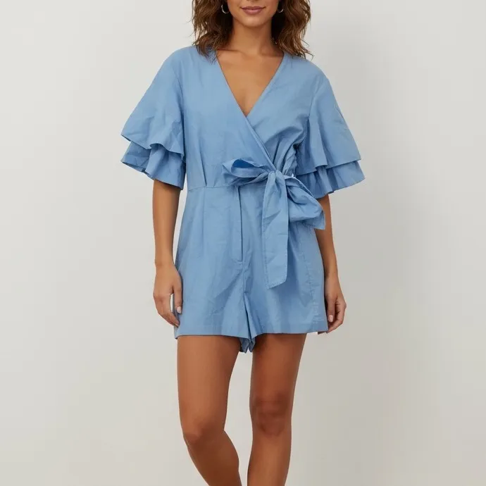 Blue Ruffle Sleeve Wrap Romper Jumpsuit Topshop Size 4 - Image 9