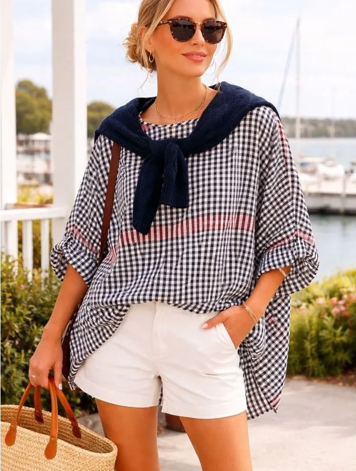 NWT Badgley Mischka Preppy Gingham Plaid Oversized Tunic XS/S Scandi Lagenlook - Image 1
