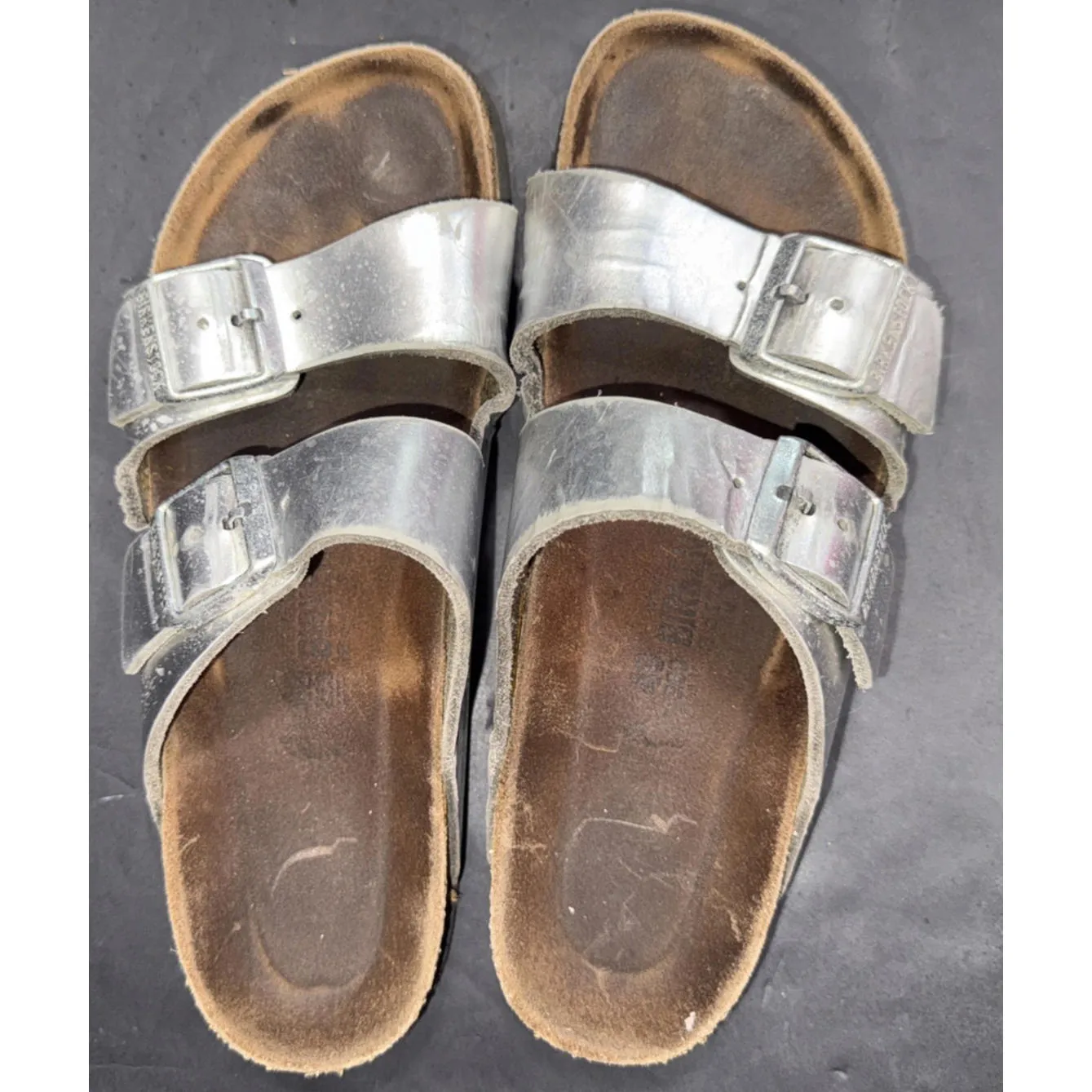 Birkenstock Arizona Cork Sandals Silver Worn Boho Hippie Natural Shoe Leather 40 - Image 2