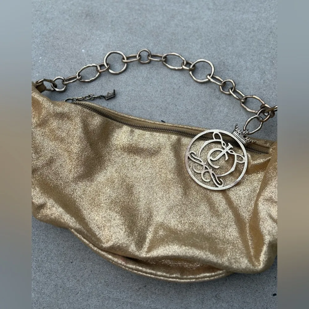 Vintage Juicy Couture Y2K Gold & Pink Sparkle Metallic Saddle Shoulder Bag - Image 3