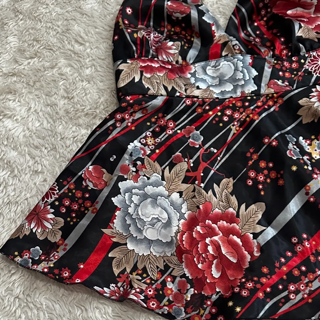 Vintage 90s Satin Floral Halter Top with Red and Black Accents - Image 3
