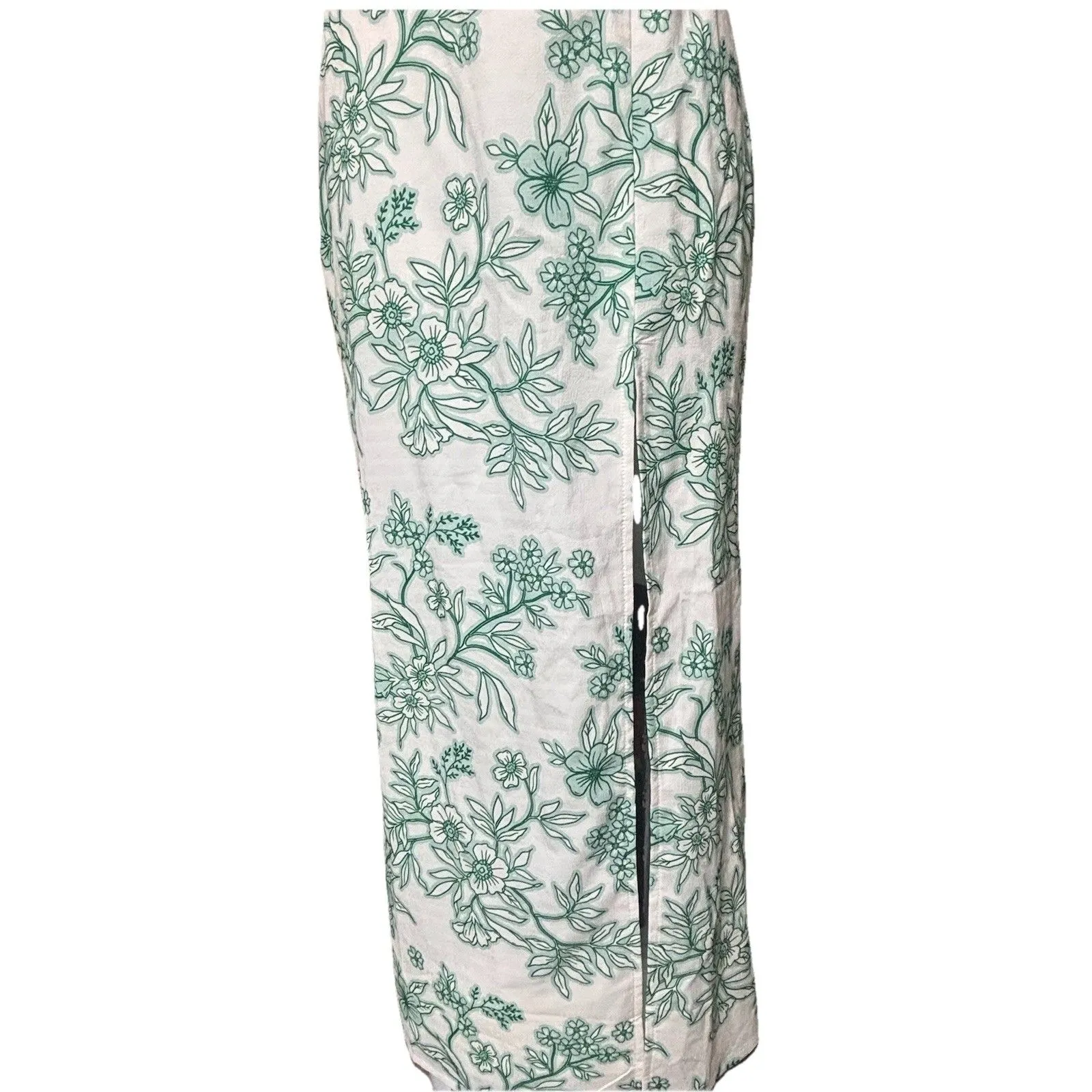 New Women’s Green White Fitted Strapless Floral Maxi Dress Leg Slit Vacay Sz M - Image 2