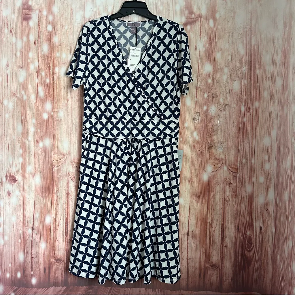 By Design Blue Retro Geo Print Mallory Short Sleeve Faux Wrap Dress Sz L - Image 2