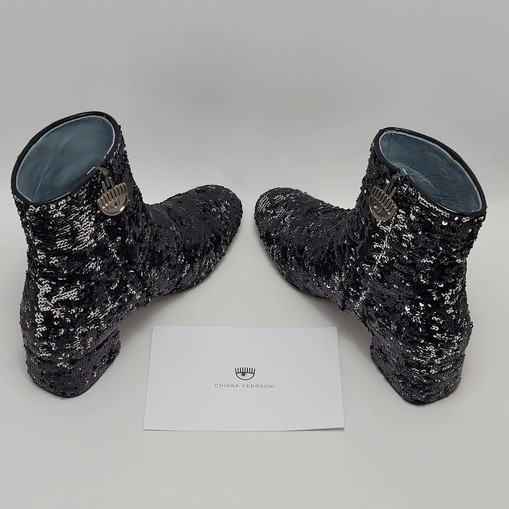 Chiara Ferragni Articolo Tomaia Black Sequin Glitter Ankle Boots Size 37 - Image 11