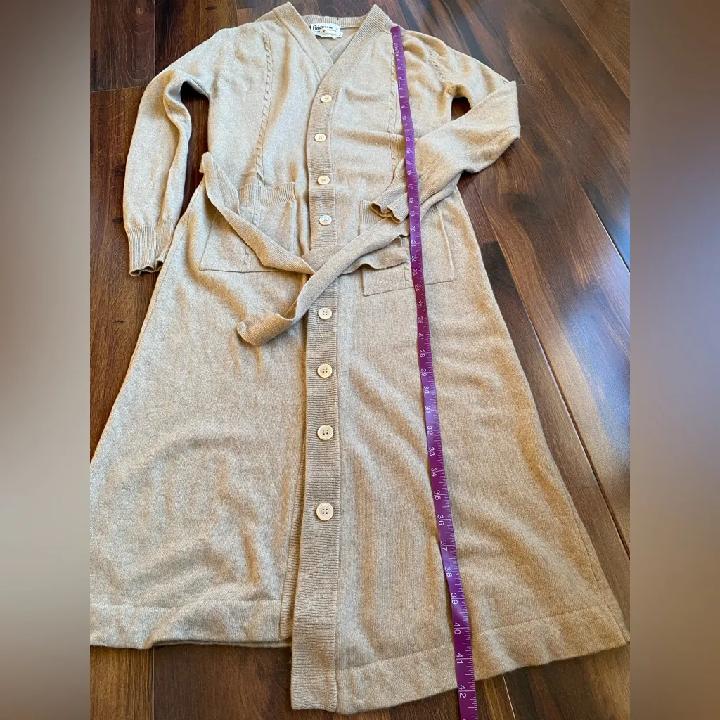 VTG 70s Goldworm 100% Cashmere Full Button Belted Robe Dress Camel Cable Knit Tan Size M - Image 8