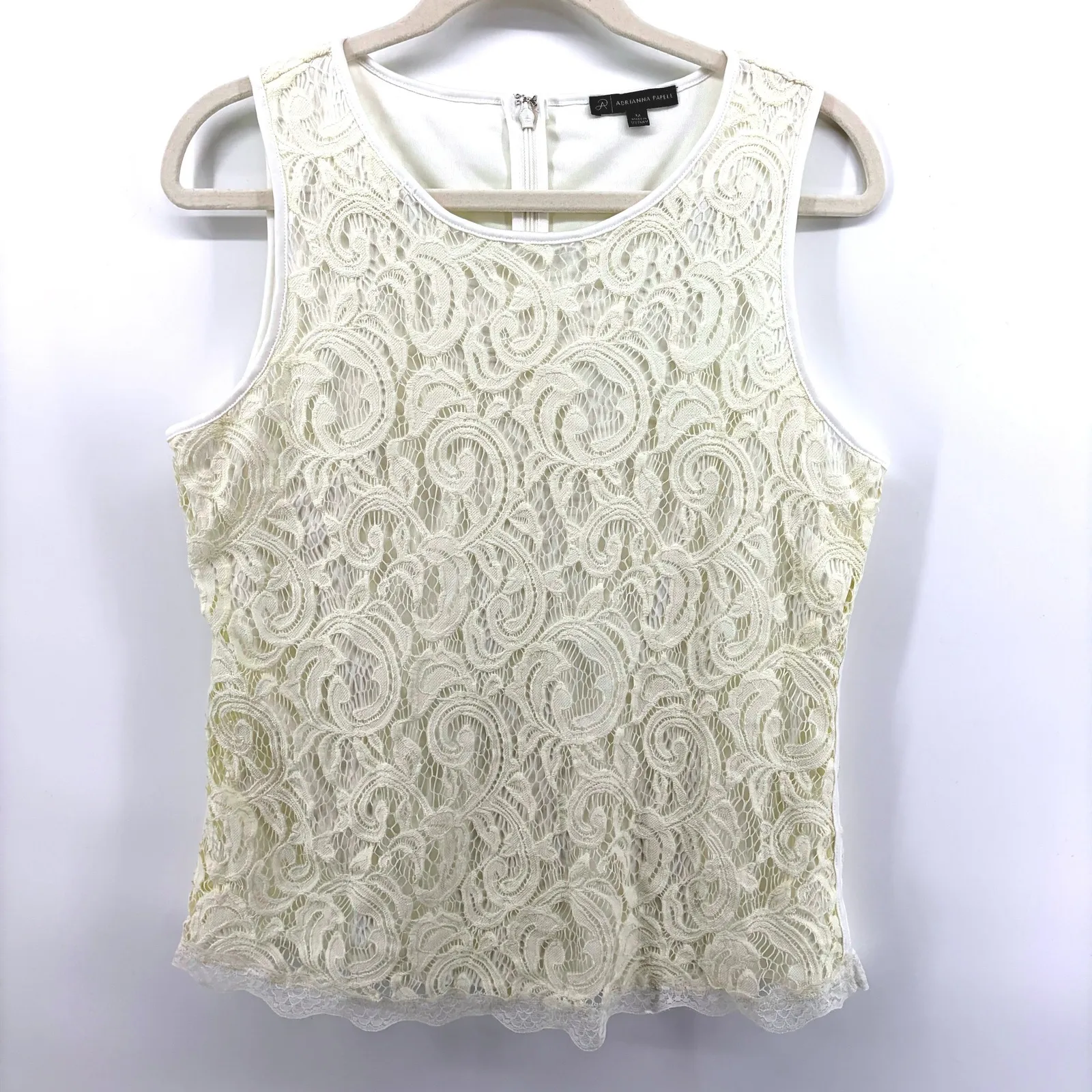Adrianna Papell Lace Overlay Sleeveless Tank Cream White Zipper‎ Closure Medium - Image 2
