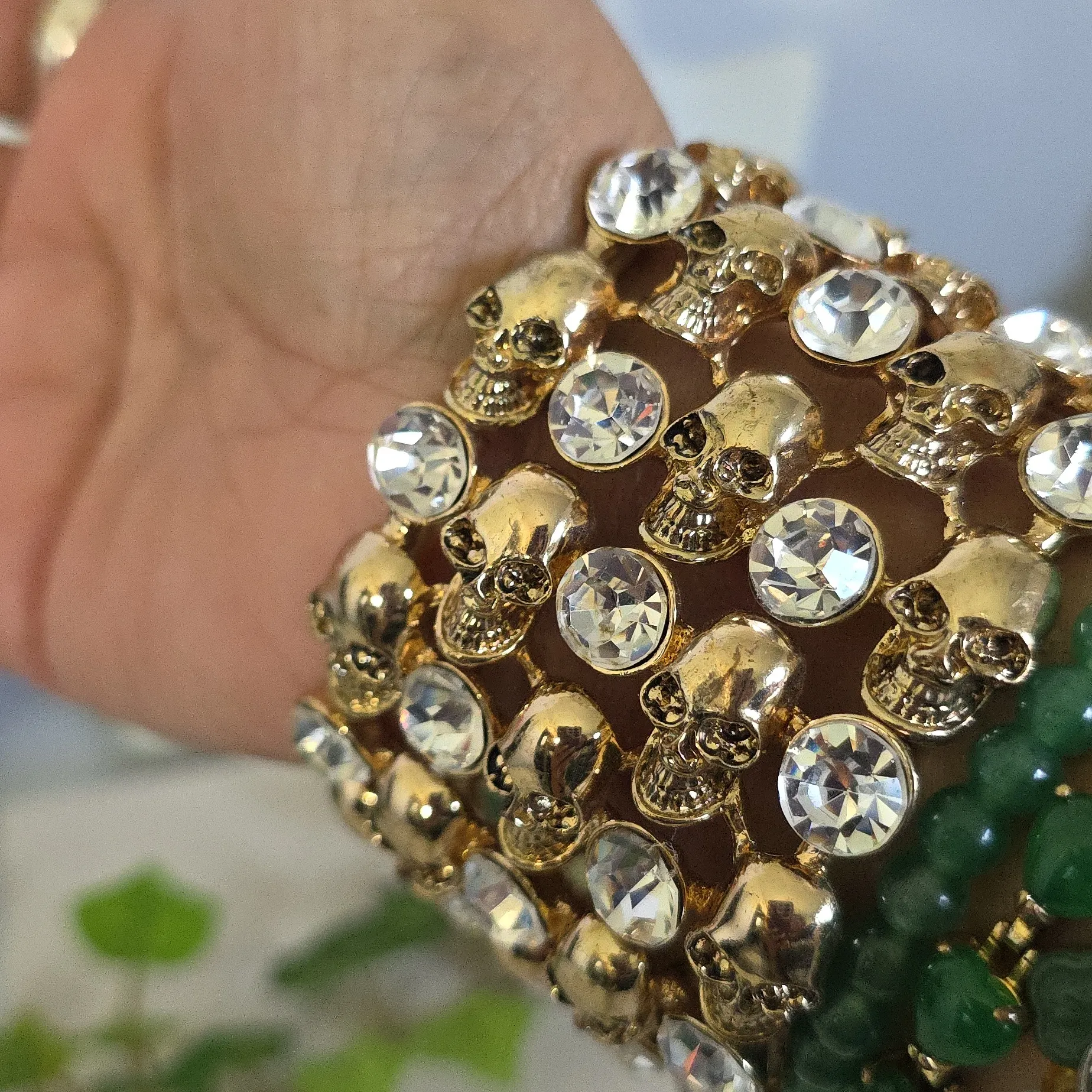 Statement Gold Stretch Bracelet Skulls and Cubic Zirconia - Image 6