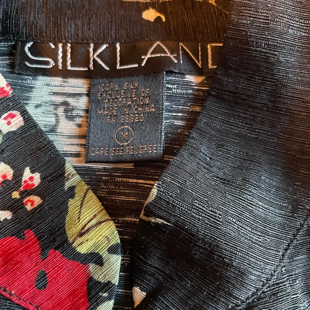 Silkland Women's Shirt Long Sleeve Kimono Top Black Red Beaded Flowers Silk Sz M Size M - Image 6