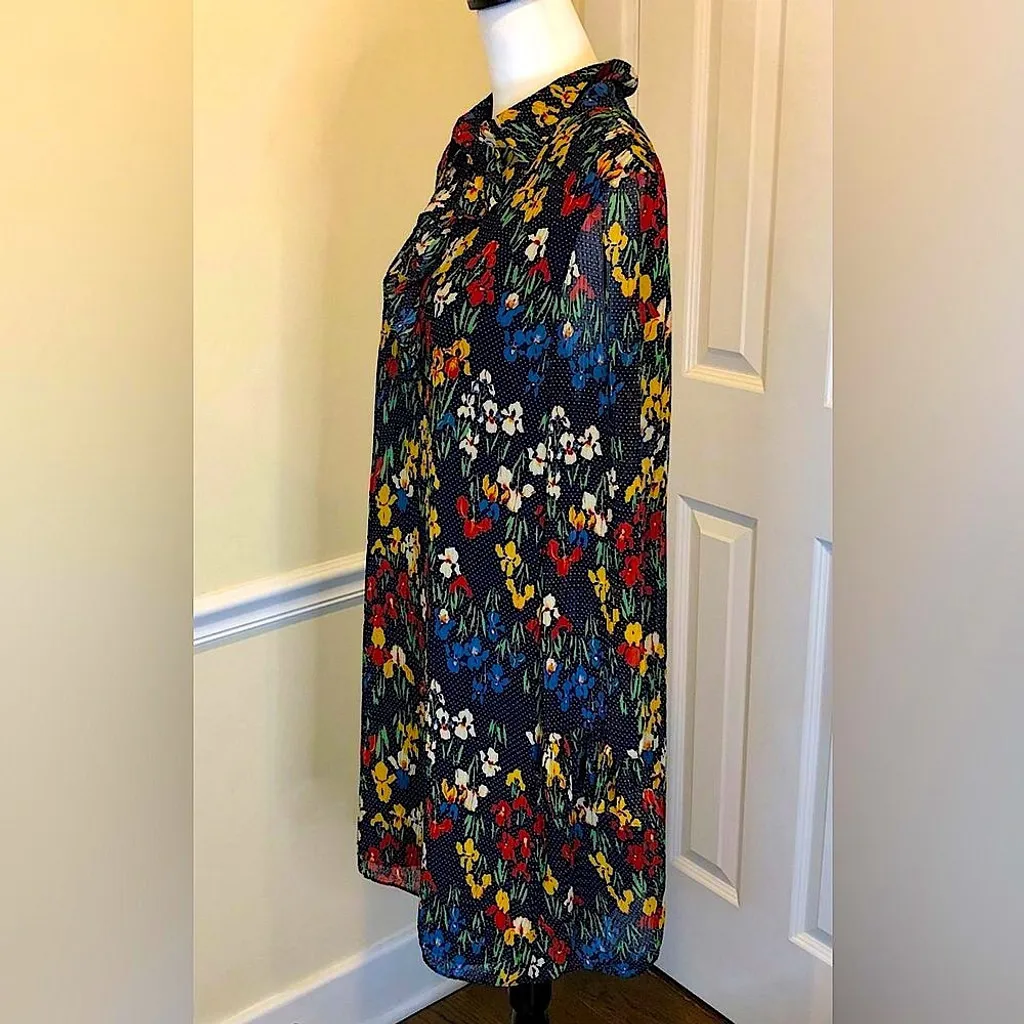 TORY BURCH Navy Polka Dot Multicolor Iris Flowers & Pearlized Buttons Dress - Image 7