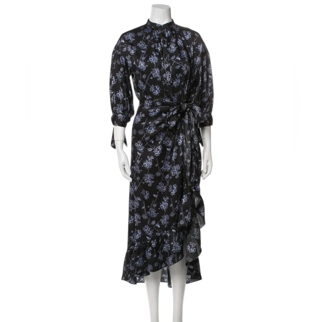 Cinq a Sept Halette Wrap Midi Dress Black & Blue Floral Print Size 4 - Image 6
