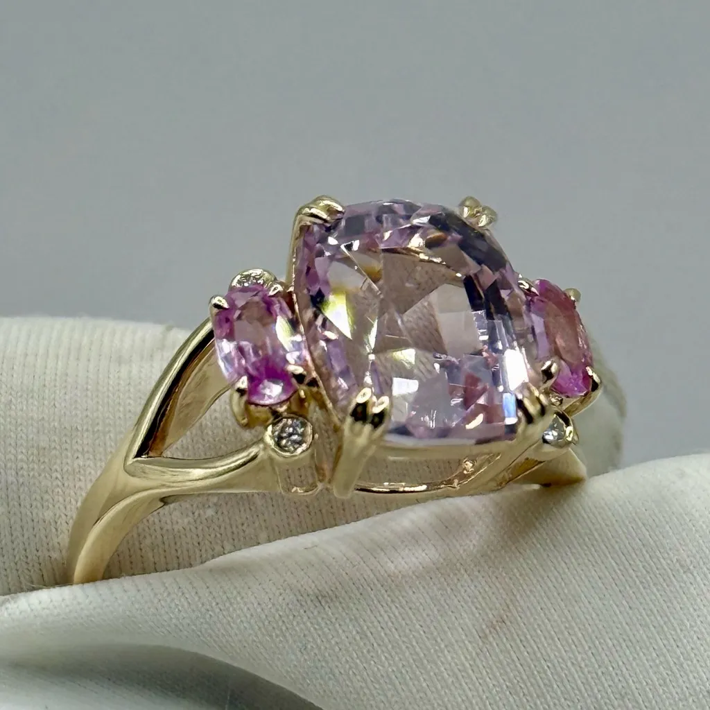 NWOT 14K Gold 5.19ct Natural Kunzite& Pink Sapphire/Geniune Diamonds Ring in 7 - Image 4