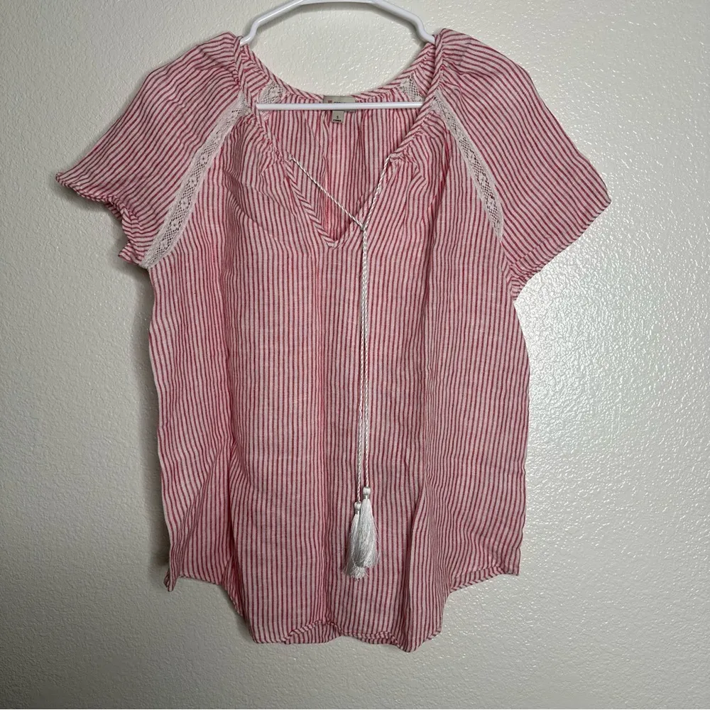 Cremieux Linen Striped Short Sleeve Blouse Small - Image 4