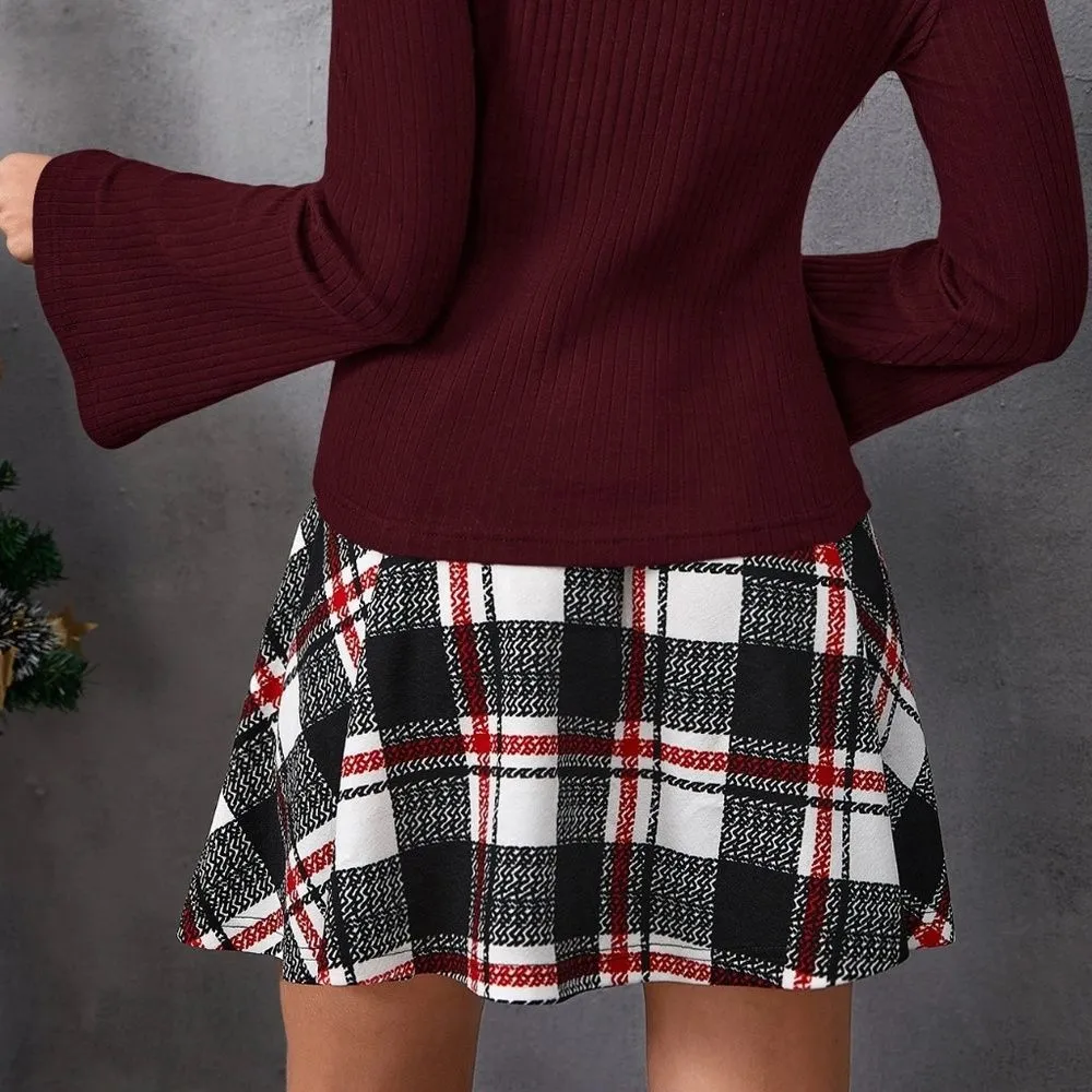 SHEIN Plaid Flare Skirt Black White Red Women’s Size 4 A-Line Mini - Image 9