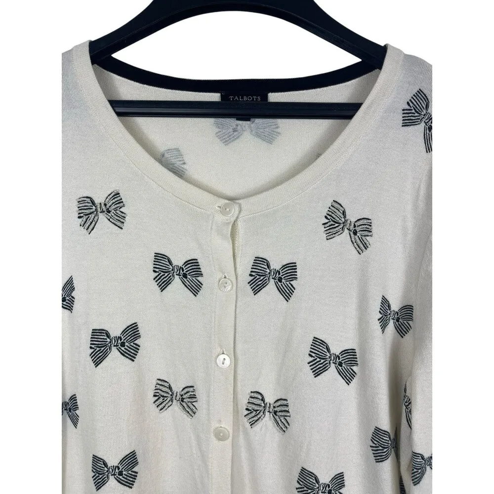 Talbots Bow Beaded Pattern Sweater Cream And Black Soft Button Cardigan L - Image 3