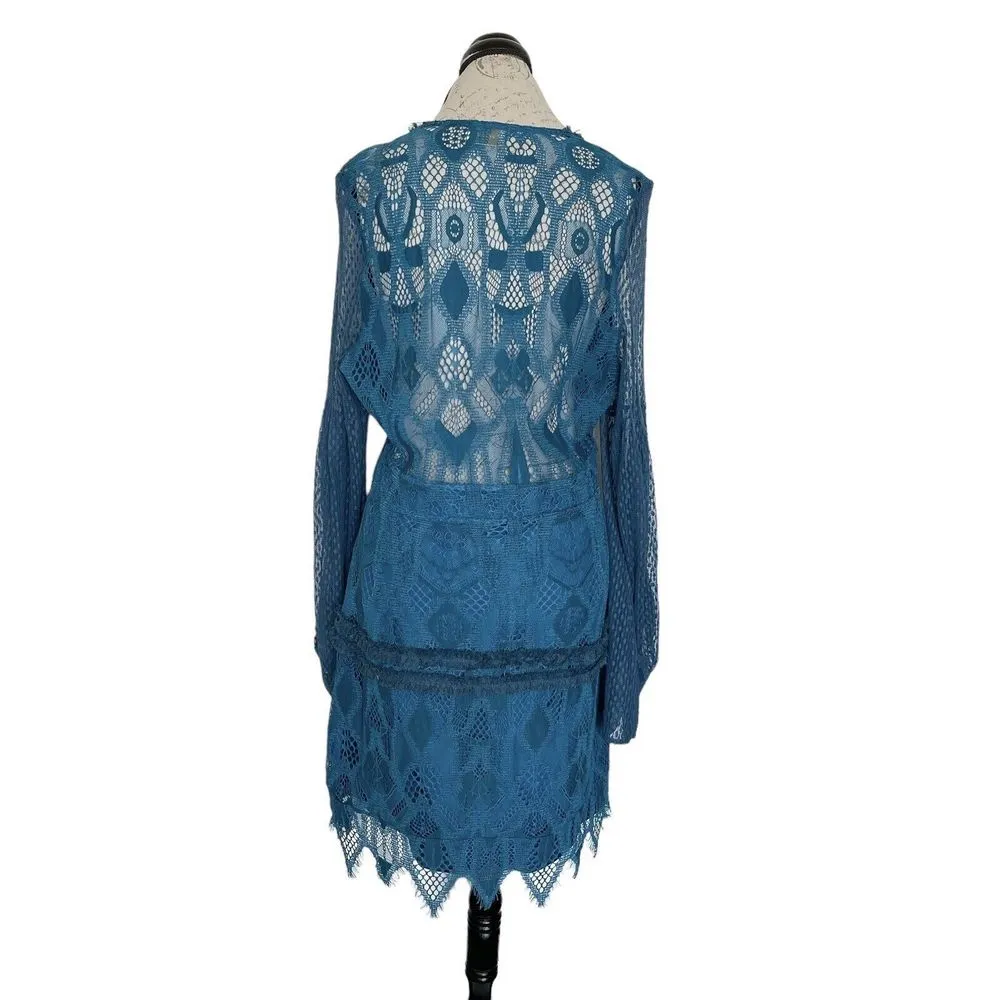 Foxiedox Womens Dress Size Medium Crochet Teal Blue Lace Gloria Bell Sleeve - Image 4