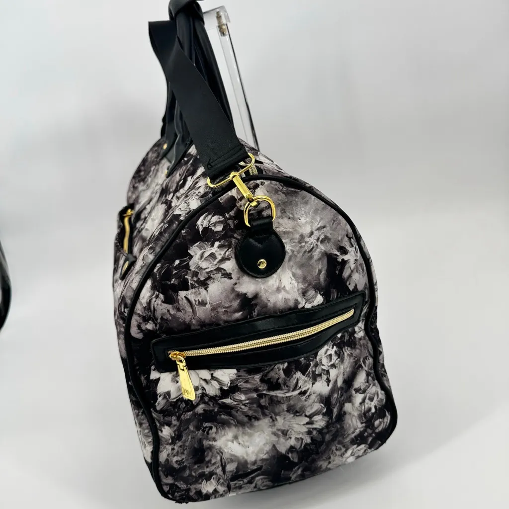 Adrienne Vittadini Large Travel Duffel Bag Gold Black White Floral Watercolor - Image 3