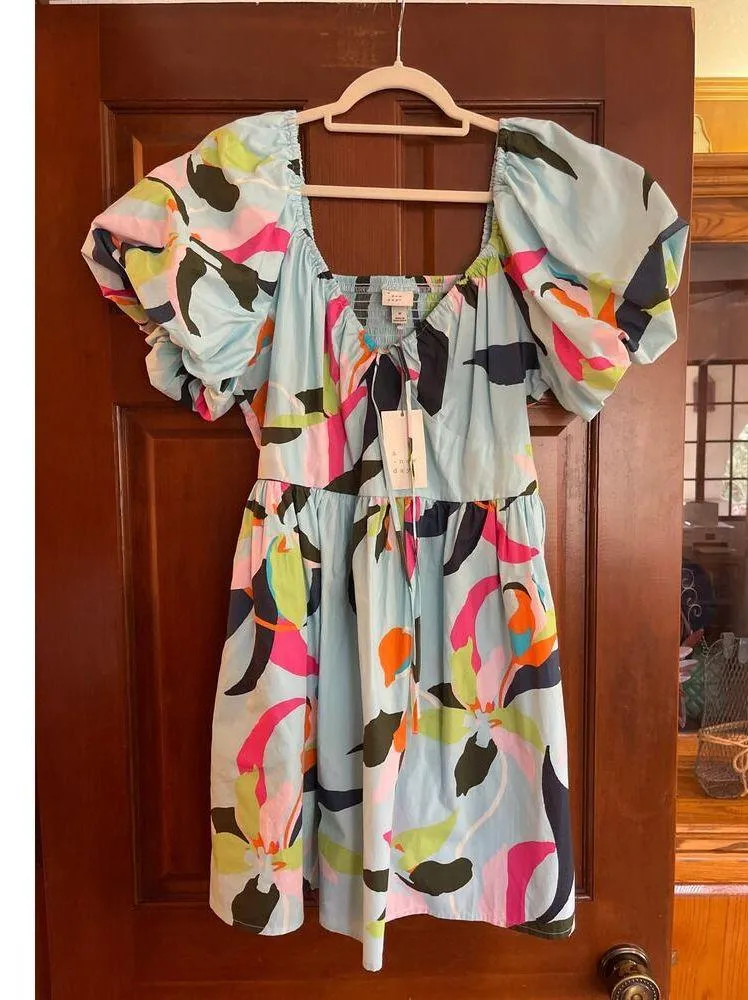 Women's Puff Short Sleeve Dress - A New Day Blue Floral Medium - Image 2
