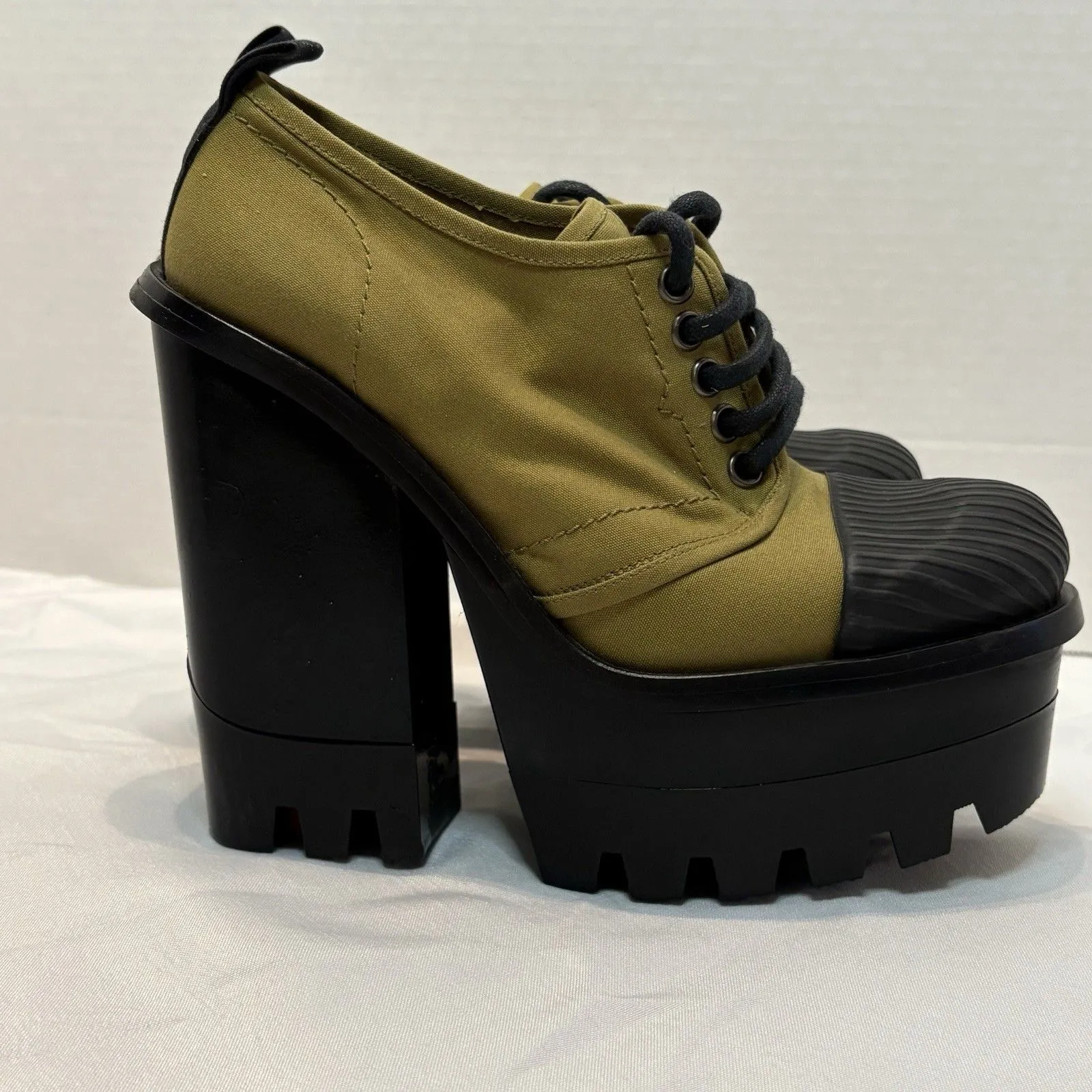 Hunter Original Canvas Platform Derby Heels – Olive Size 6 Made In Italy - Image 6