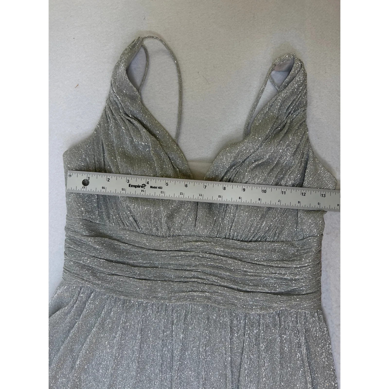 ELIZA J NWT Womens Silver Glitter Ruched Pleated  Spaghetti Strap Prom Dress 4 - Image 10