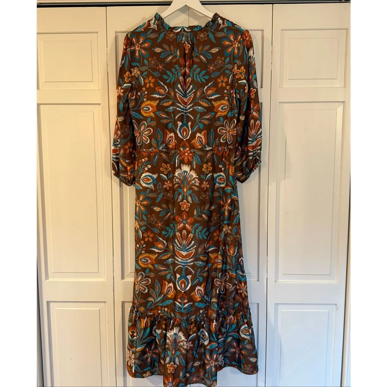 J.McLaughlin Mercer silk blend cinch waist brown floral midi dress M - Image 8