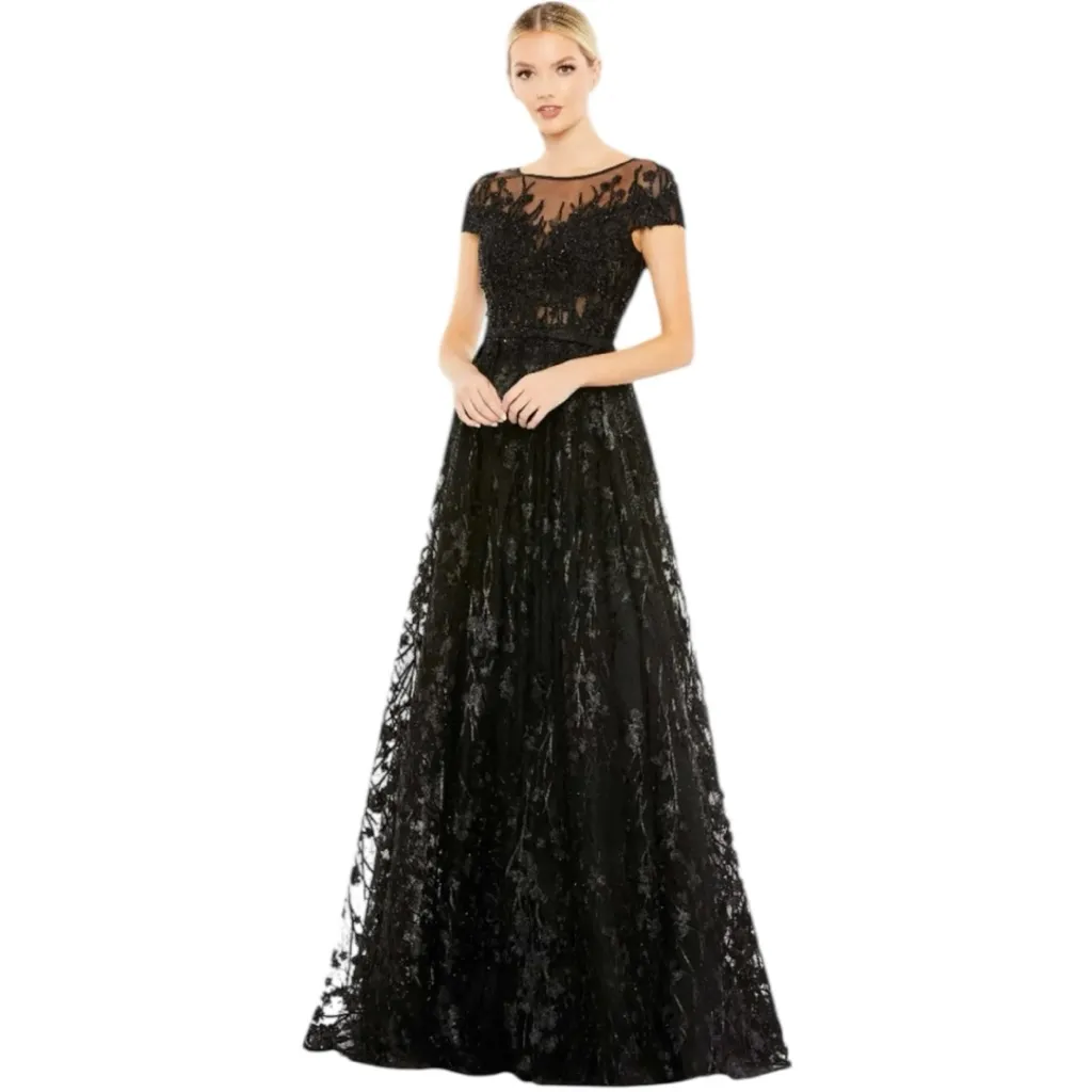 Mac Duggal Black Embellished Cap Sleeve A Line Gown Size 16 Style 20405 NWT - Image 4