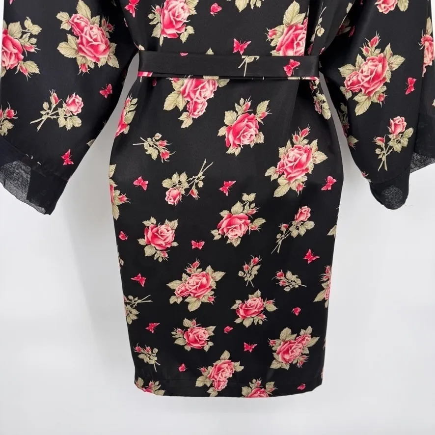 Vintage Honors Intimates Robe Womens Small Black Polyester Romantic Rose Print - Image 9