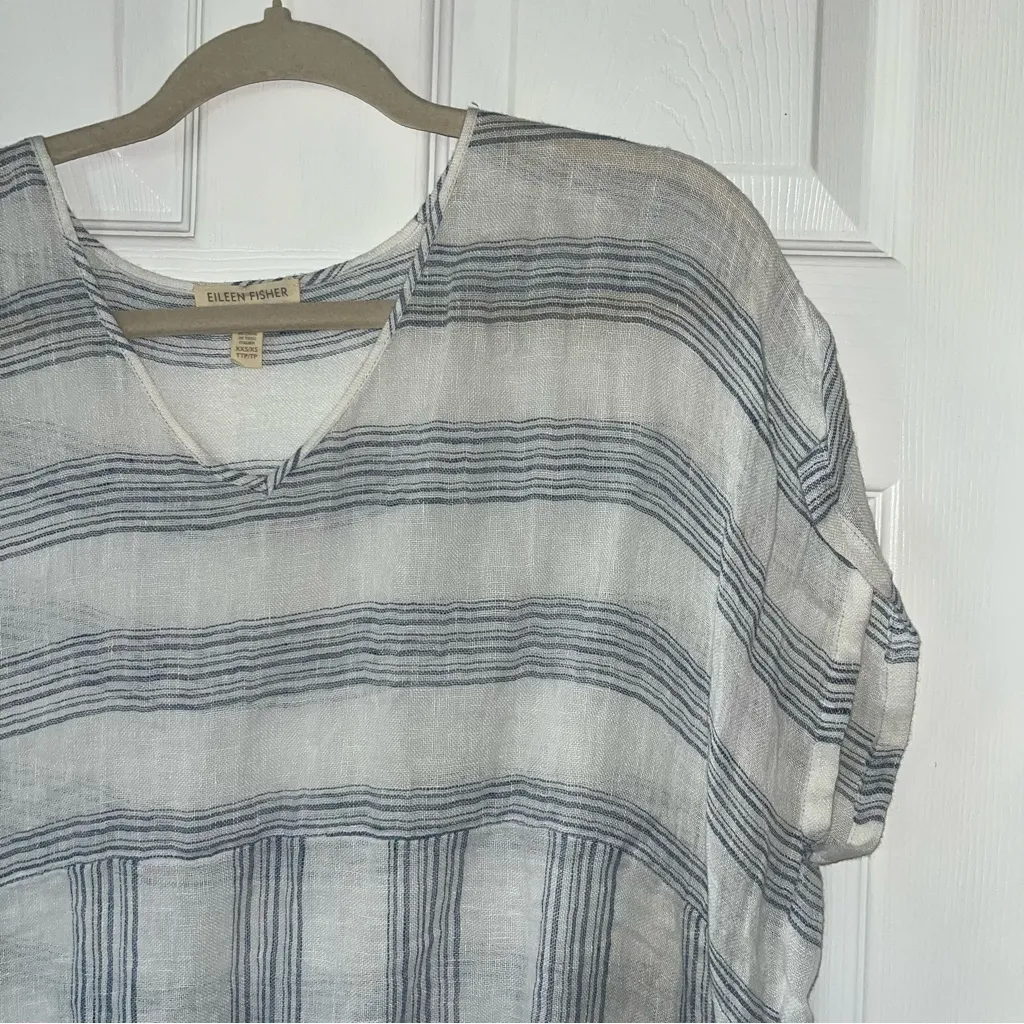 Eileen Fisher Organic Linen Caftan Dress Thin Gauze Unlined Size XXS‎ Blue White - Image 7