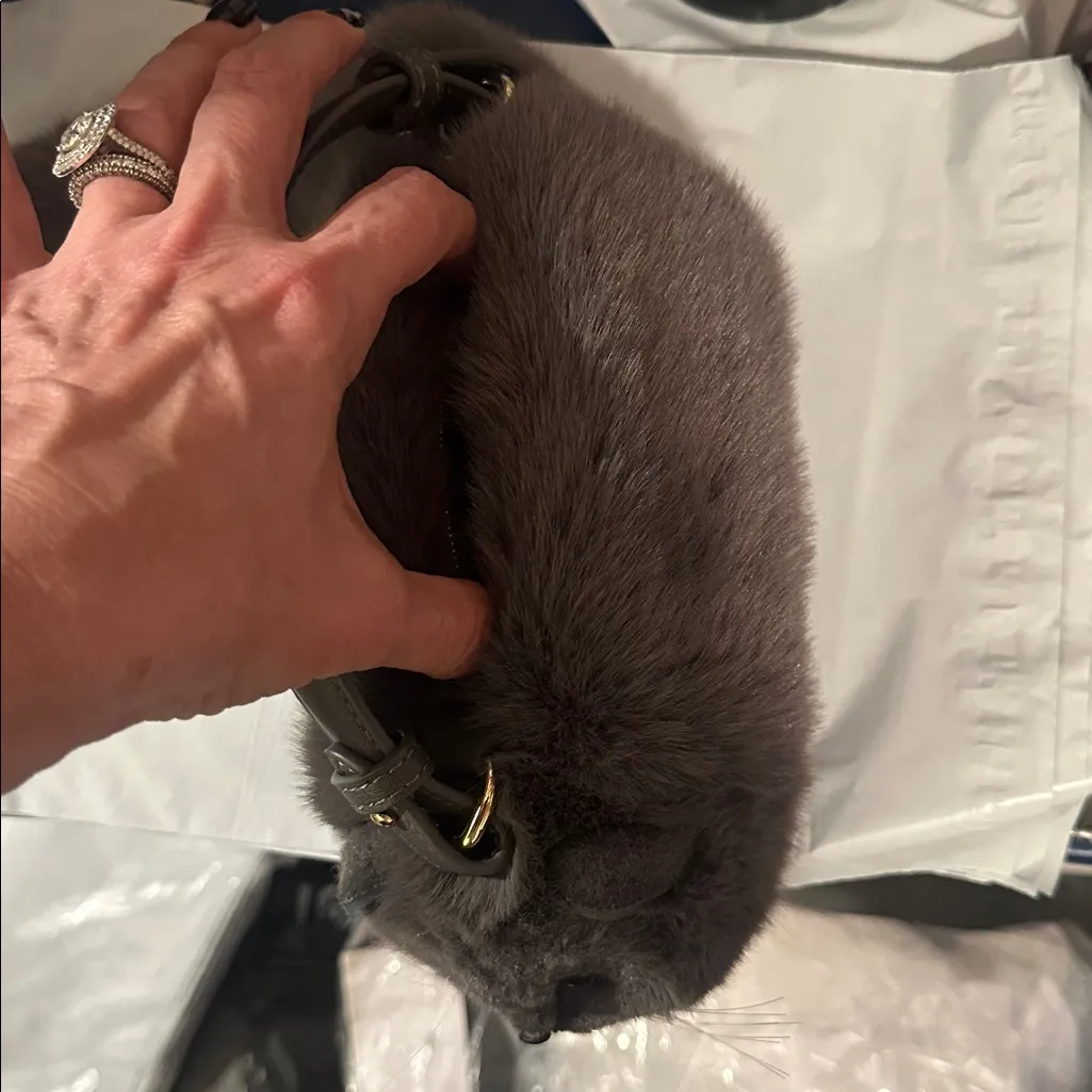 Adorably cute fluffy Cat Purse Plush Soft cat tail zipper Gray $122 handmade - Image 9