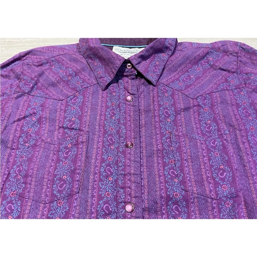 Vintage Wrangler Blues Horseshoe Print Button Shirt Purple Blue Women’s Large - Image 5