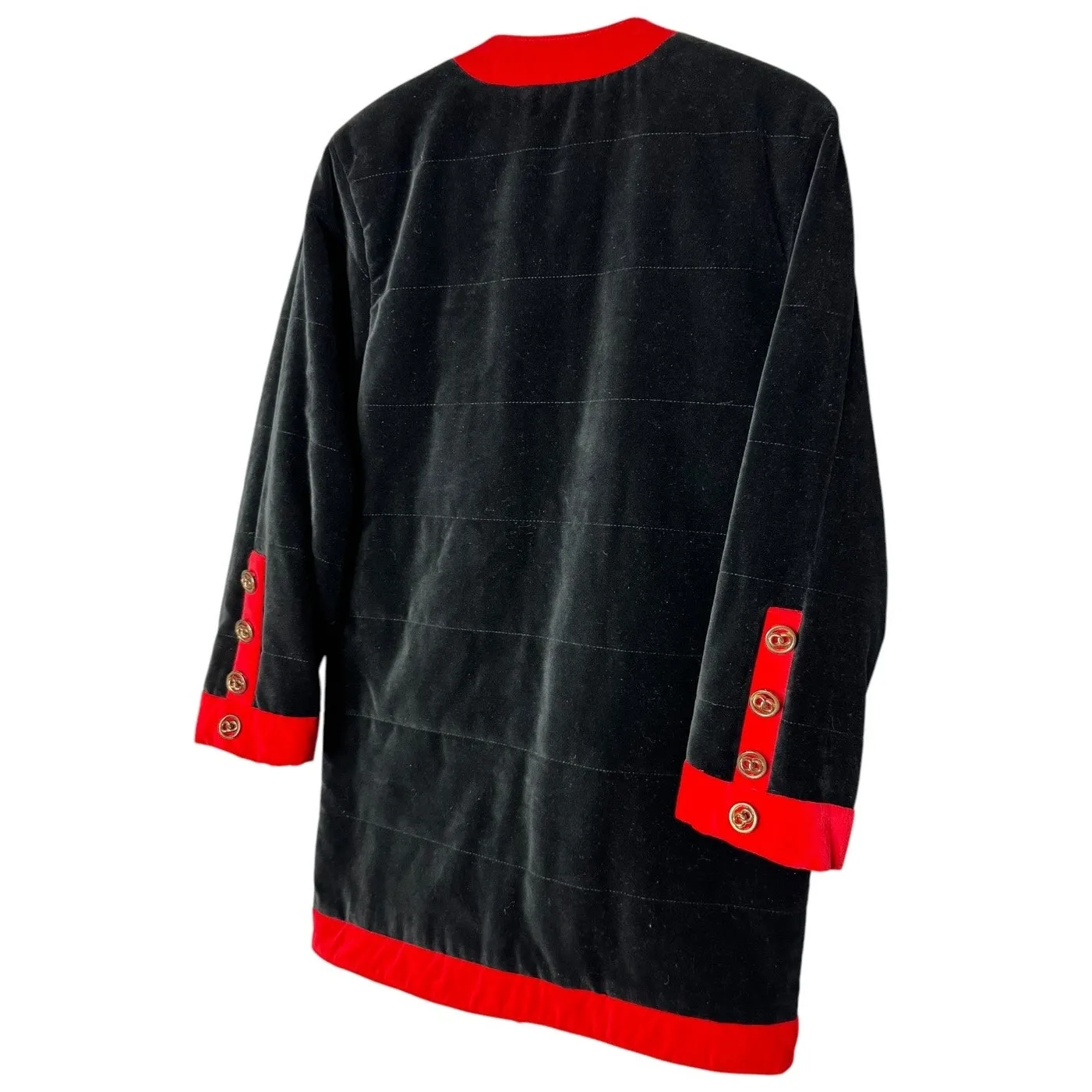 Vintage 80s Cattiva Velvet Quilted Coat Black Red Trim Gold Buttons Sz Small - Image 6