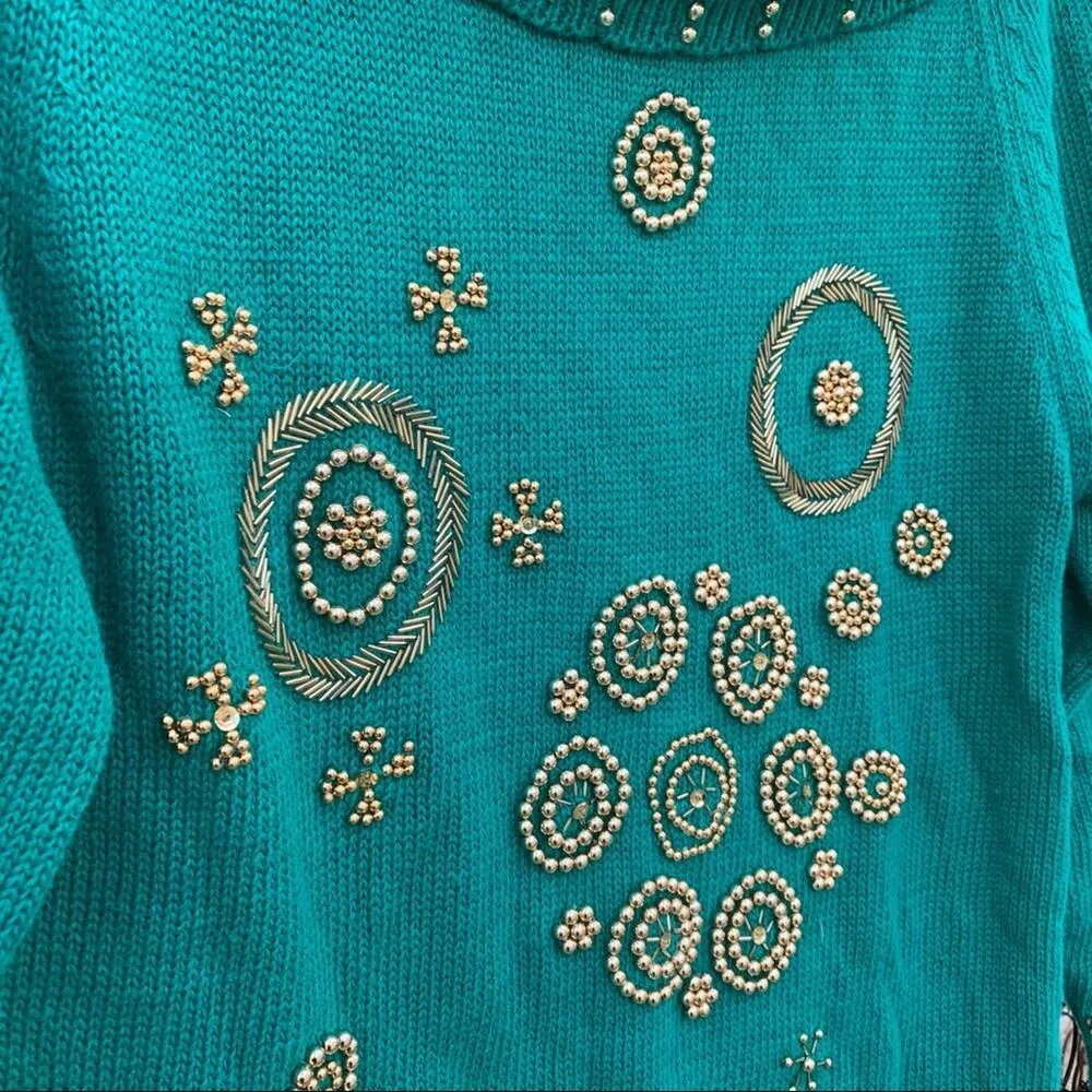 Vintage 90s teal gold art deco beaded cowl neck tunic sweater MEDIUM Green - Image 5