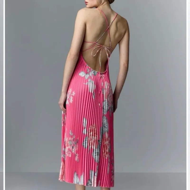 LIDÉE Pink Floral Ete pleated midi Dress Size 6 - Image 2