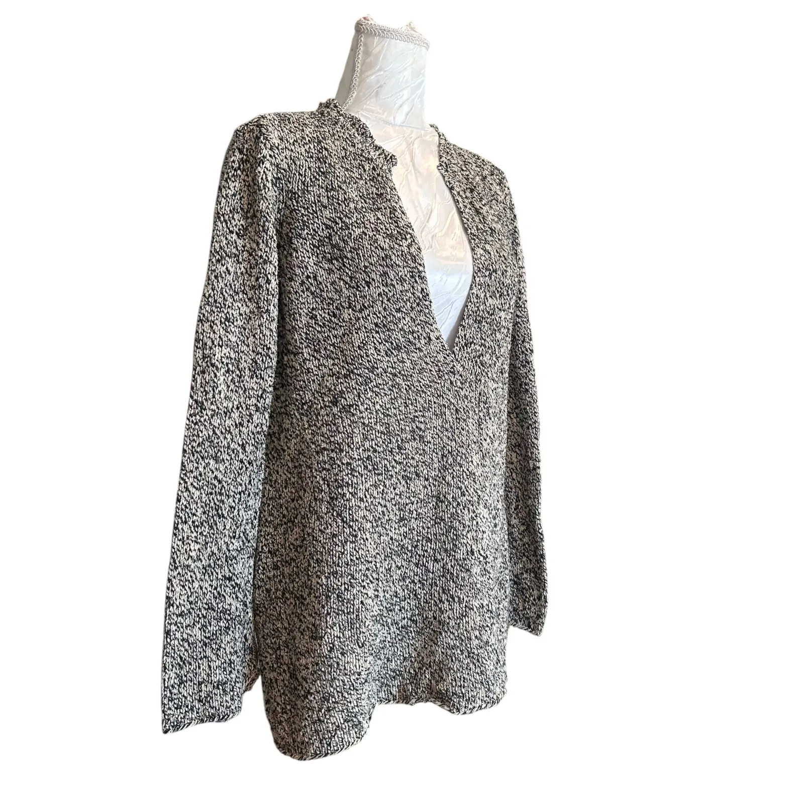 JJill Black White Marled Silk Sweater Womens Sz Small Plunging V Neck Loose Fit - Image 3