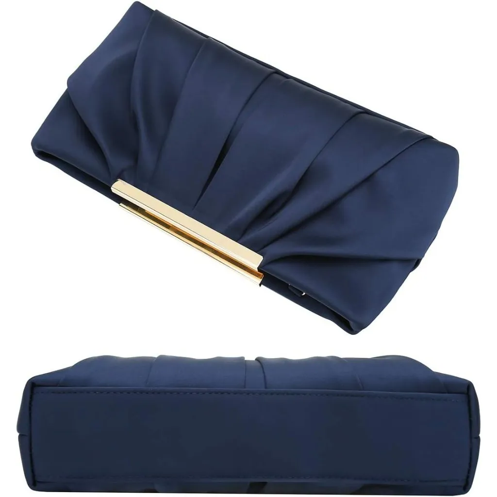 ⚡ Women's Elegant Evening Pleated Satin Simple Classy Dark Blue Clutch Bag - Image 6